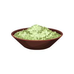 Spicy green peas in ceramic bowl. Aromatic seasoning for food. Natural spice. Cooking ingredient. Flat vector design