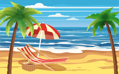 Fototapeta na wymiar Vacation, travel, relax, tropical beach, umbrella, palms, beach chair, seascape, ocean, template, banner, for advertising, vector, illustration, isolated, cartoon style