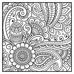Outline floral pattern for coloring book page. Antistress for adults and children. Doodle ornament in black and white. Hand draw vector illustration.