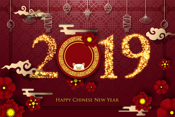 2019 Chinese New Year Greeting Card. Year of the Pig. Chinese New-Year. Paper cut with Yellow Pig and Flowers. gong xi fa cai 2019. Hieroglyph - Zodiac Sign Pig. Place for your Text.