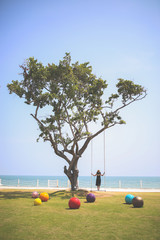 young girl swinging on a swing between ิbigtree on the beach of a tropical island. Young woman watching the ocean on a sunny day
