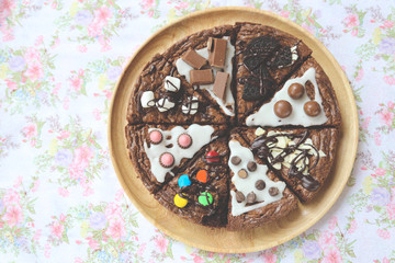 Brownie Dessert Pizza Recipe, Dessert chocolate pizza with dark, milk, white chocolate, Homemade Chocolate Nut Brownie Cake