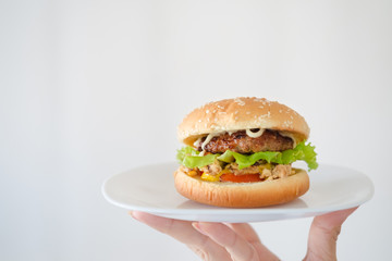Homemade hamburger serving in white plate