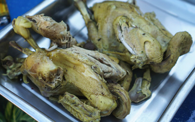Boiled chicken, food for pray respect to god.