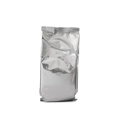 blank foil Aluminium bag for baby milk powder, tea or coffee isolated on white background with clipping path