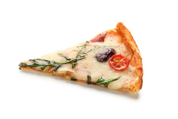 Slice of delicious pizza on white background