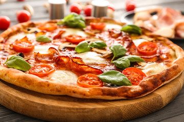 Delicious pizza on table, closeup