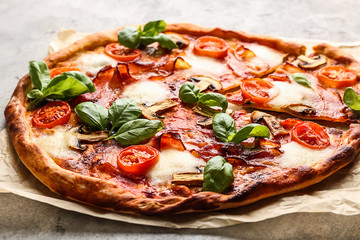Delicious pizza on table, closeup