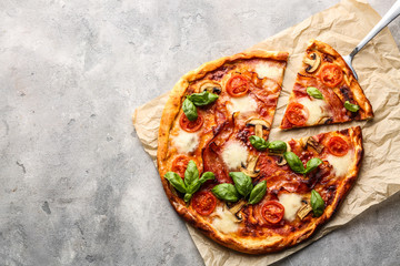 Delicious pizza on grey background