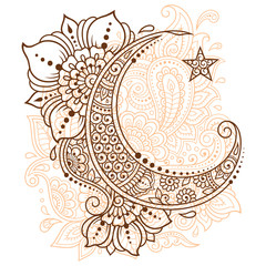 Religious Islamic symbol of the Star and the Crescent with flower in mehndi style. Decorative sign for making and tattoos. Eastern Muslim signifier.