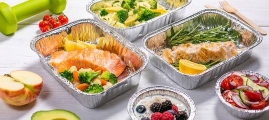 Healthy food delivery concept - meals in fossil containers, copy space