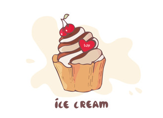 ice cream or cupcake in the waffle with heart, cherry. isolated on white background. Vector flat outline icon. cartoon style illustration, t shirt design. sticker, badge, Ice cream icon