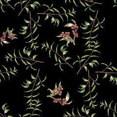 Watercolor painting of leaf and flowers, seamless pattern on dark background