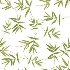 Watercolor illustration of bamboo leaves , seamless pattern on white background