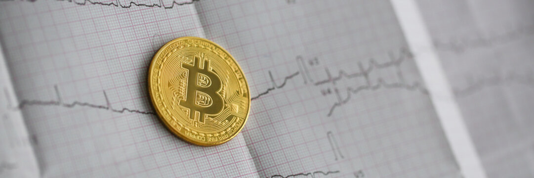 Bitcoin is alive. The gold coin lies on a paper