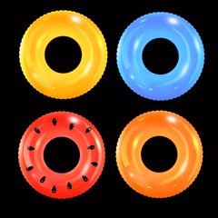 Swim rings set on black background. Inflatable rubber toy. Lifebuoy colorful vector collection. Summer. Realistic summertime illustration. Summer vacation or trip safety.