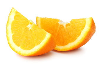 Two oranges pieces (Citrus) isolated on white background, including clipping path without shade. Germany