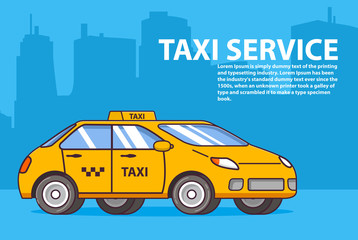  Taxi yellow car.Cab service.Online order.Cityscape and skyscrapers. Flat line art vector.Design concept label and poster