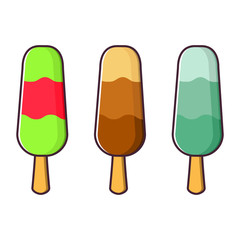 Ice cream wooden stick. Fruit ice.Summer frozen dessert. Flat line art vector.Fruit ice. Chocolate strawberry ice cream.