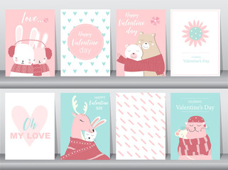 Set of Valentine's day card on retro pattern design,love,animal,cute vector,animal,Vector illustrations
