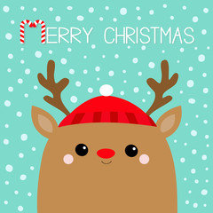 Merry Christmas. Raindeer deer head face. Red hat, nose, horns. Happy New Year. Cute cartoon kawaii baby character. Funny animal. Flat design. Hello winter. Blue snow background.