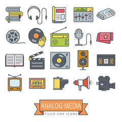Analog media and equipment filled line icons vector set