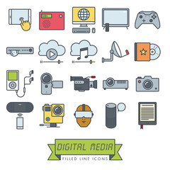 Digital media equipment filled line icons vector set