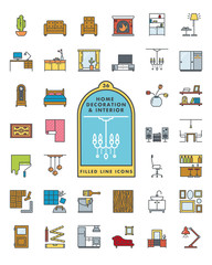 Home decoration and interior filled line icons vector set