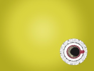 Hot black coffee with foam in red cup and white saucer illustration top view on yellow background. Digital art painting.