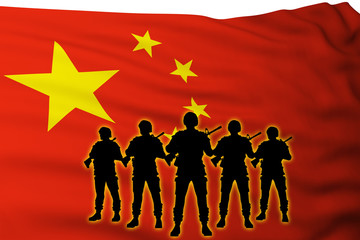 silhouette group soldiers against flag of China