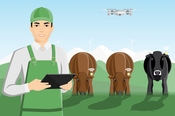 Asian farmer with digital tablet on a pasture. Digital technology in animal husbandry.  Vector illustration