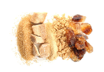 Different kinds of sugar on white background
