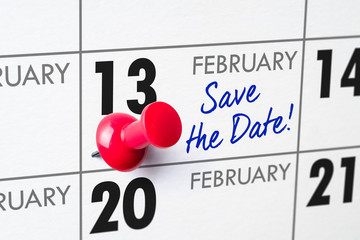 Wall calendar with a red pin - February 13