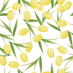 Seamless pattern of tulip flowers and leaves on white background