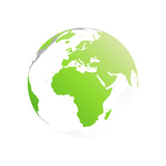 3D planet Earth globe. Transparent sphere with green land silhouettes. Focused on Africa and Europe.