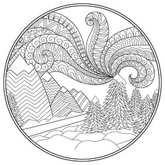 Winter Landscape - road, trees, mountains, polar lights, snow drifts. Coloring book page for children and adults. Outline doodle pattern in black and white. Hand draw vector illustration.