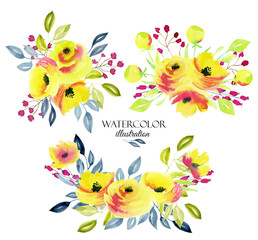 Fototapeta na wymiar Yellow roses, branches and leaves bouquets collection, watercolor illustration