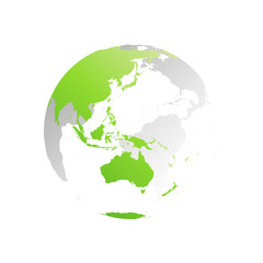 3D planet Earth globe. Transparent sphere with green land silhouettes. Focused on Australia and Oceania.