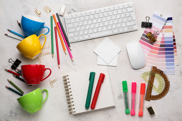 Modern workplace of designer, top view