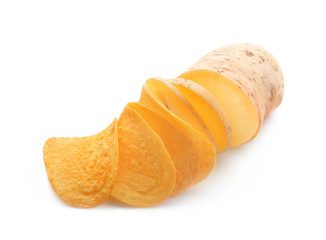 Tasty raw potato with chips on white background