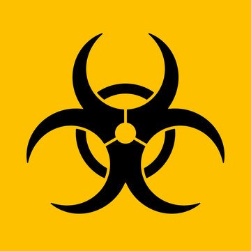Biohazard caution sign. Symbol of hazard caused by biological microorganism, virus or toxin. Simple flat black vector illustration on yellow background.