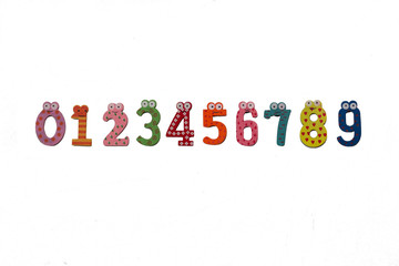 Multi-colored numbers from zero to nine are isolated on a white background. Wooden figures. Fun colored figures.