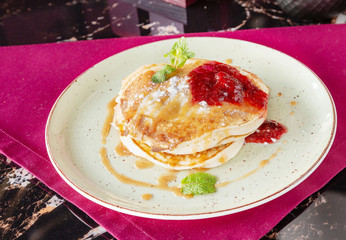 Pancakes with jam for breakfast