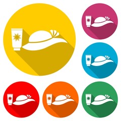 Sunblock cream with hat icon or logo, color set with long shadow