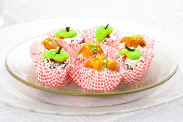 Indian Traditional Mix Sweet Food or Mix Mithai include Peda, Mawa Burfi, Dry Fruits Sweet, Halwa or Coconut Burfi