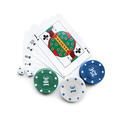 Chips with cards and dices for poker game on white background