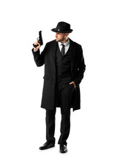 Detective with gun on white background