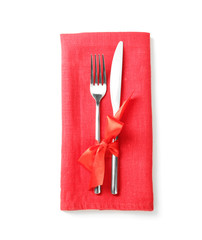 Cutlery for festive table setting on white background