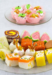 Indian Traditional Mix Sweet Food or Mix Mithai include Peda, Mawa Burfi, Dry Fruits Sweet, Halwa or Coconut Burfi