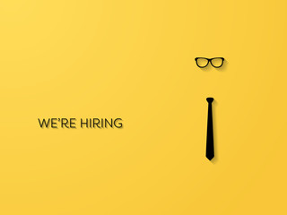 Hiring and recruitment poster or banner vector concept in mimimalist style with tie and glassses. Symbol of vacancies, job offers, career development, job advertisement.